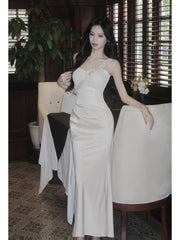 Modest French Style Mermaid One Shoulder White Satin Fashion Women Long Formal Outfits Prom Dresses N2084