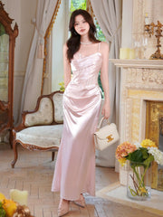 Modest French Style Mermaid Spaghetti Straps Pink Fashion Women Long Formal Outfits Prom Dresses N2107