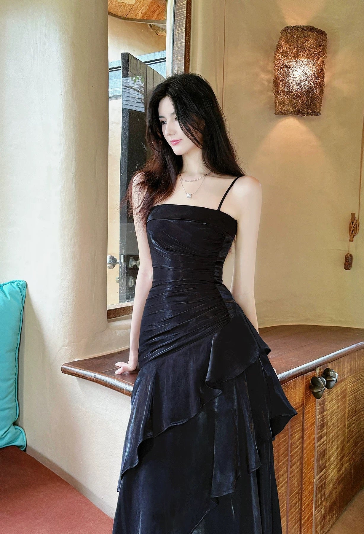 Classy Mermaid Spaghetti Strap Black Ruffles Satin For Women Girls Teens Prom Dresses N2182
