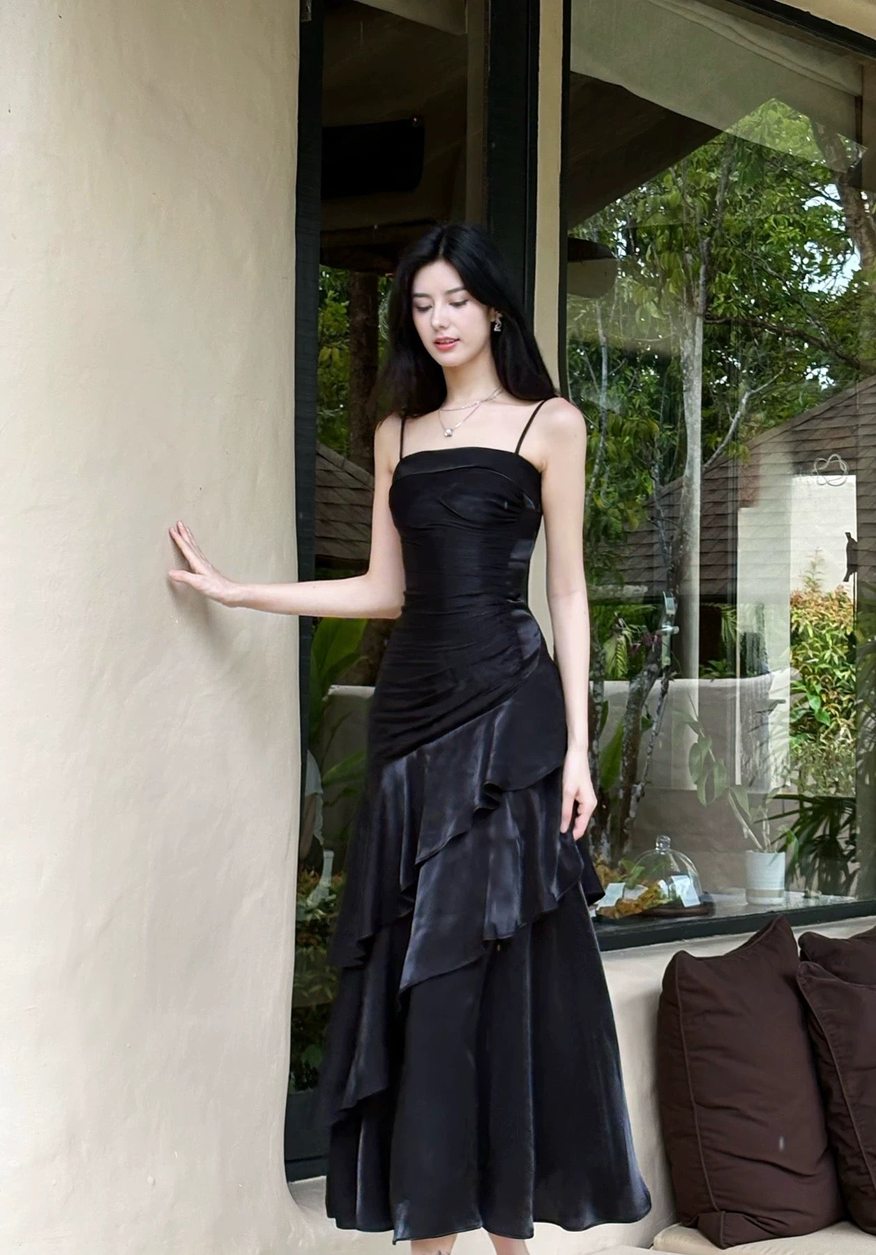 Classy Mermaid Spaghetti Strap Black Ruffles Satin For Women Girls Teens Prom Dresses N2182