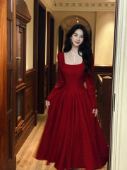 Classy A Line Square Neck Burgundy With Long Sleeves Satin For Women Girls Teens Prom Dresses N2186