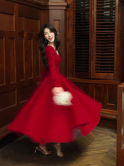 Classy A Line Square Neck Burgundy With Long Sleeves Satin For Women Girls Teens Prom Dresses N2186