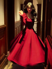 Classy A Line Square Neck Burgundy With Long Sleeves Satin For Women Girls Teens Prom Dresses N2186