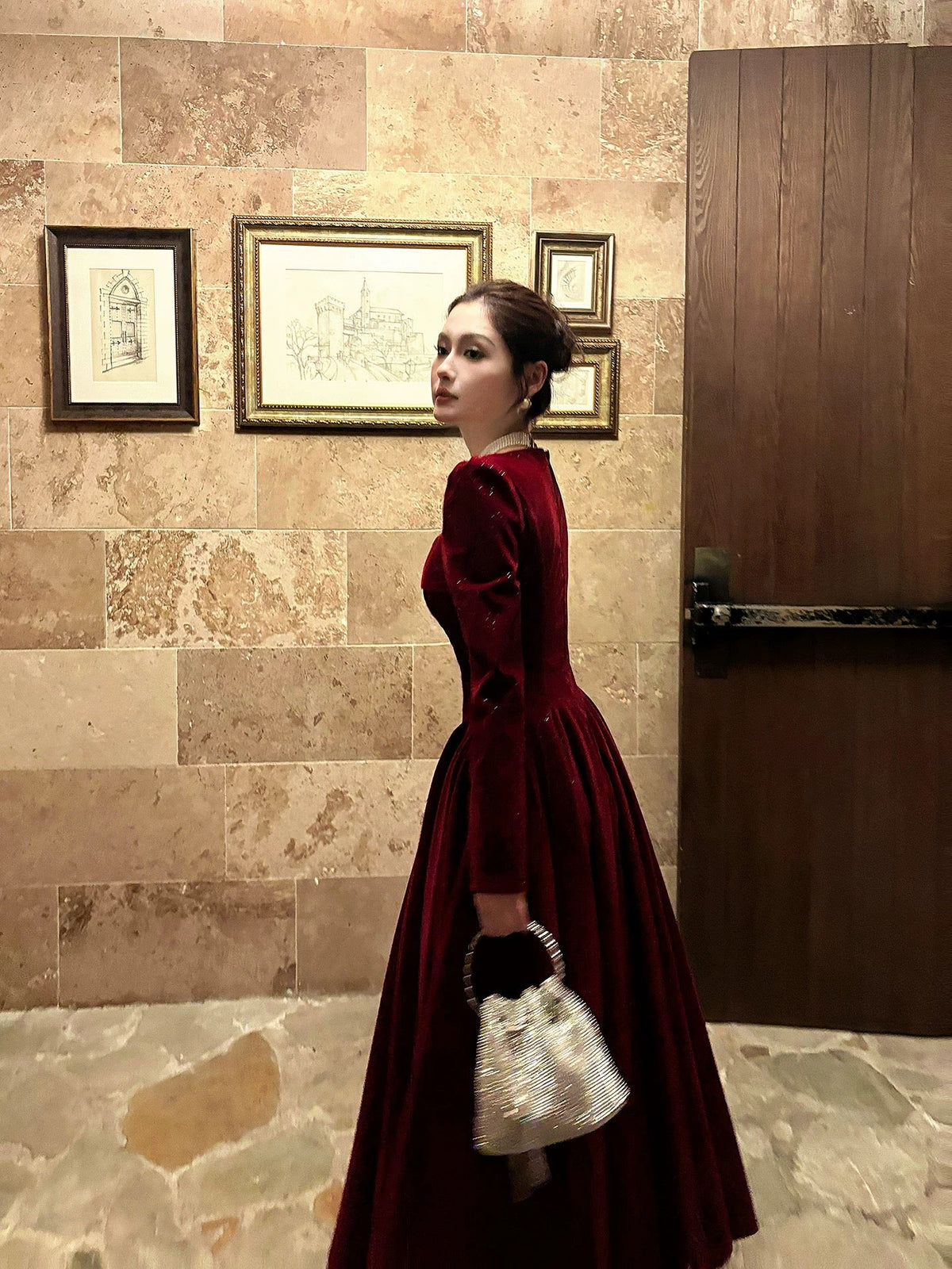 French Style A Line Square Neck Burgundy With Long Sleeves Summer Formal For Women Teens Prom Dresses N2218