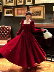 French Style A Line Square Neck Burgundy With Long Sleeves Summer Formal For Women Teens Prom Dresses N2218