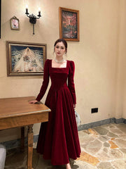 French Style A Line Square Neck Burgundy With Long Sleeves Summer Formal For Women Teens Prom Dresses N2218