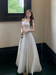 Modest Prom Dresses A Line Off The Shoulder White Chiffon With Sleeves Long Formal Dress N3158