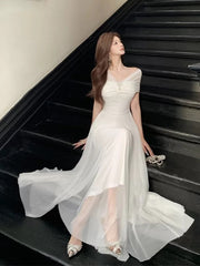 Modest Prom Dresses A Line Off The Shoulder White Chiffon With Sleeves Long Formal Dress N3158