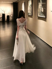 Modest Prom Dresses A Line Off The Shoulder White Chiffon With Sleeves Long Formal Dress N3158