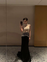 Sexy Prom Dresses Mermaid High Neck Black Velvet With Beading Long Formal Dress N3162