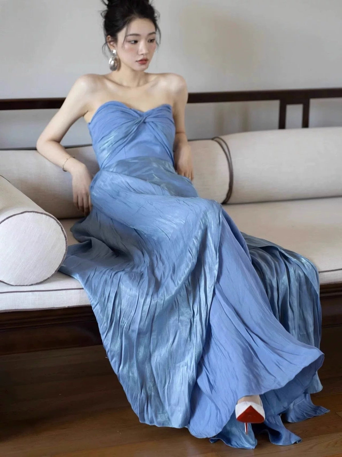Simple Prom Dresses A Line Sweetheart Blue With Pleated Long Formal Dress N3163