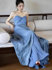 Simple Prom Dresses A Line Sweetheart Blue With Pleated Long Formal Dress N3163