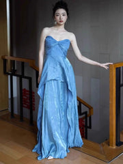 Simple Prom Dresses A Line Sweetheart Blue With Pleated Long Formal Dress N3163