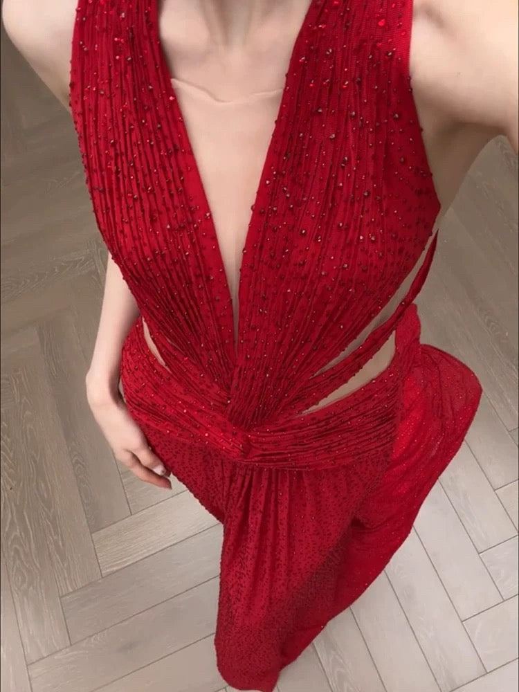 Simple Prom Dresses Mermaid V Neck Red Sequined With Pearls Long Formal Dress N3169