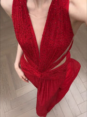 Simple Prom Dresses Mermaid V Neck Red Sequined With Pearls Long Formal Dress N3169