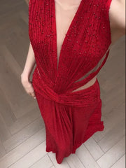 Simple Prom Dresses Mermaid V Neck Red Sequined With Pearls Long Formal Dress N3169