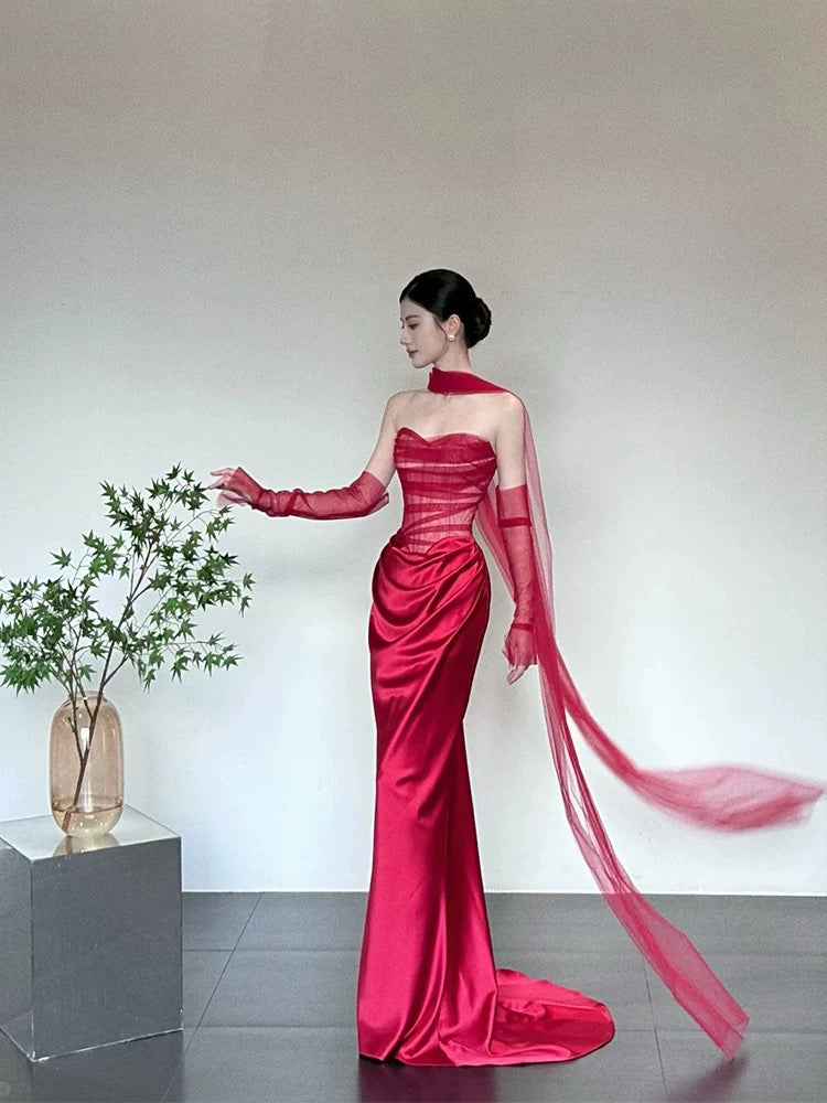 Simple Prom Dresses Mermaid Sweetheart Red Tulle With Scarf Gloves Long Formal Dress N3175