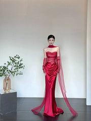 Simple Prom Dresses Mermaid Sweetheart Red Tulle With Scarf Gloves Long Formal Dress N3175