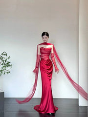 Simple Prom Dresses Mermaid Sweetheart Red Tulle With Scarf Gloves Long Formal Dress N3175