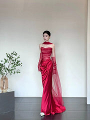 Simple Prom Dresses Mermaid Sweetheart Red Tulle With Scarf Gloves Long Formal Dress N3175