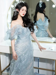 Charming Prom Dresses Mermaid Off The Shoulder Light Sky Blue Organza Long Formal Evening Dress N3917