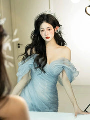 Charming Prom Dresses Mermaid Off The Shoulder Light Sky Blue Organza Long Formal Evening Dress N3917