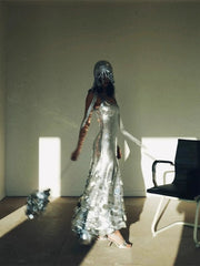 Sparkly Prom Dresses Mermaid Spaghetti Strap Silver Backless Sequin Long Formal Evening Dress N3924
