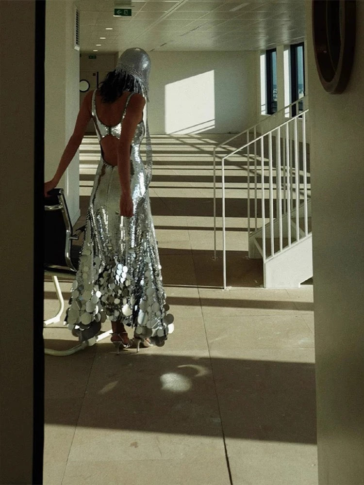 Sparkly Prom Dresses Mermaid Spaghetti Strap Silver Backless Sequin Long Formal Evening Dress N3924