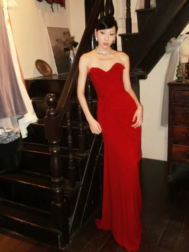 Sexy Prom Dresses Mermaid Sweetheart Red Chiffon Sleeveless Long Formal Evening Dress N3949