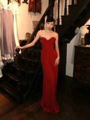 Sexy Prom Dresses Mermaid Sweetheart Red Chiffon Sleeveless Long Formal Evening Dress N3949
