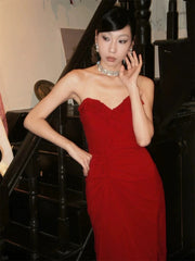 Sexy Prom Dresses Mermaid Sweetheart Red Chiffon Sleeveless Long Formal Evening Dress N3949