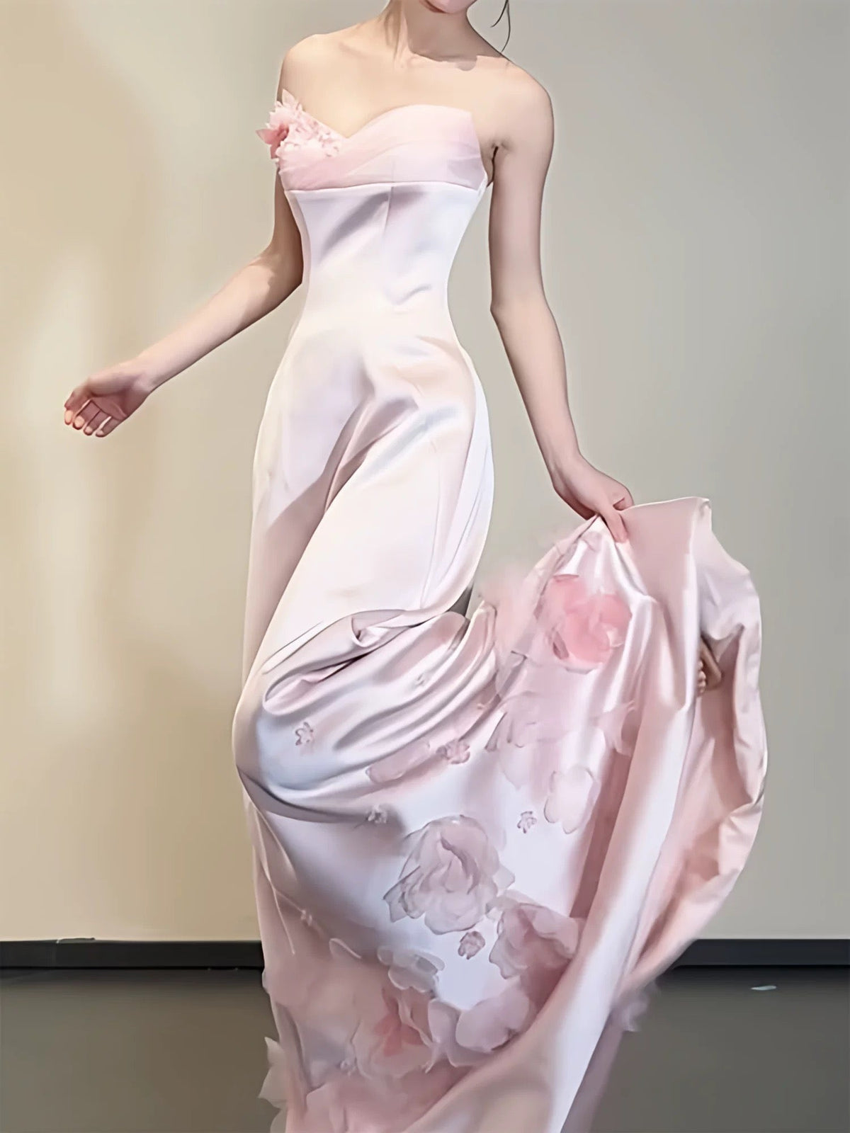 Elegant Prom Dresses Mermaid Sweetheart Pink Satin Sleeveless Long Formal Evening Dress N3958