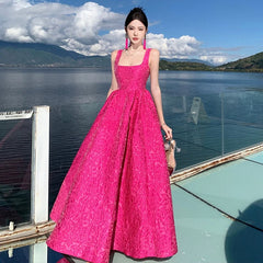 Beautiful Prom Dresses Ball Gown Square Neck Hot Pink Lace Long Formal Evening Dress N3965