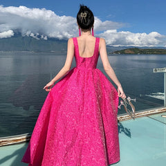Beautiful Prom Dresses Ball Gown Square Neck Hot Pink Lace Long Formal Evening Dress N3965