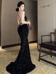 Elegant Prom Dresses Mermaid Spaghetti Strap Black Tie Sequin Backless Long Formal Evening Dress N3968