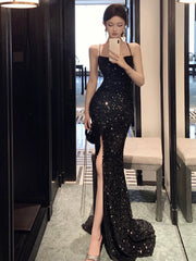 Elegant Prom Dresses Mermaid Spaghetti Strap Black Tie Sequin Backless Long Formal Evening Dress N3968