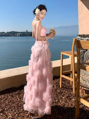 Pretty Prom Dresses A line Spaghetti Strap Pink Tulle Long Formal Evening Dress N3982