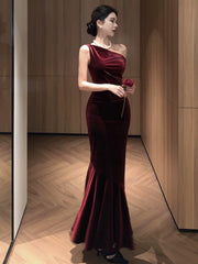 Simple Prom Dresses Mermaid One Shoulder Burgundy Velvet Evening Gown Formal Long Formal Dress N3998