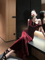 Simple Prom Dresses Mermaid One Shoulder Burgundy Velvet Evening Gown Formal Long Formal Dress N3998