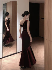 Simple Prom Dresses Mermaid One Shoulder Burgundy Velvet Evening Gown Formal Long Formal Dress N3998