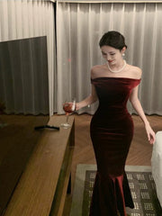 Simple Prom Dresses Mermaid One Shoulder Burgundy Velvet Evening Gown Formal Long Formal Dress N3998