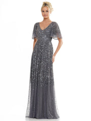 Long Beaded Formal Short Sleeve Dress by Marsoni MV1259