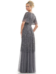 Long Beaded Formal Short Sleeve Dress by Marsoni MV1259