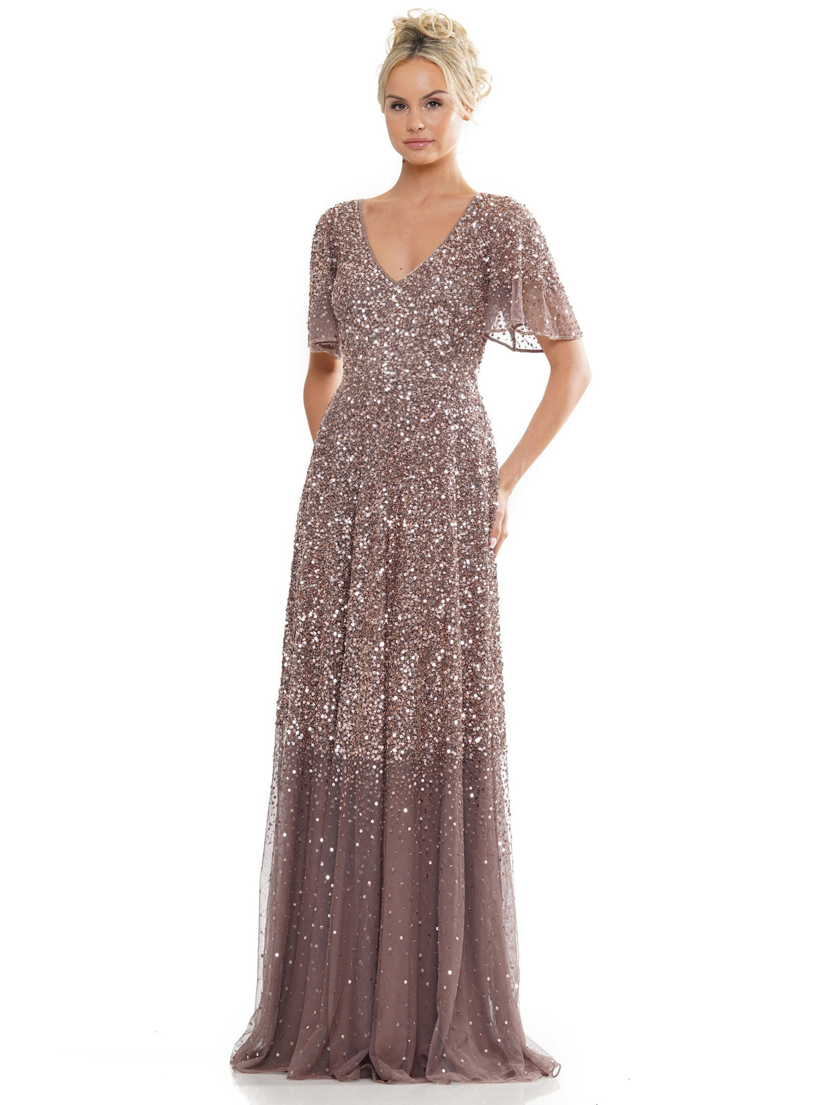 Long Beaded Formal Short Sleeve Dress by Marsoni MV1259