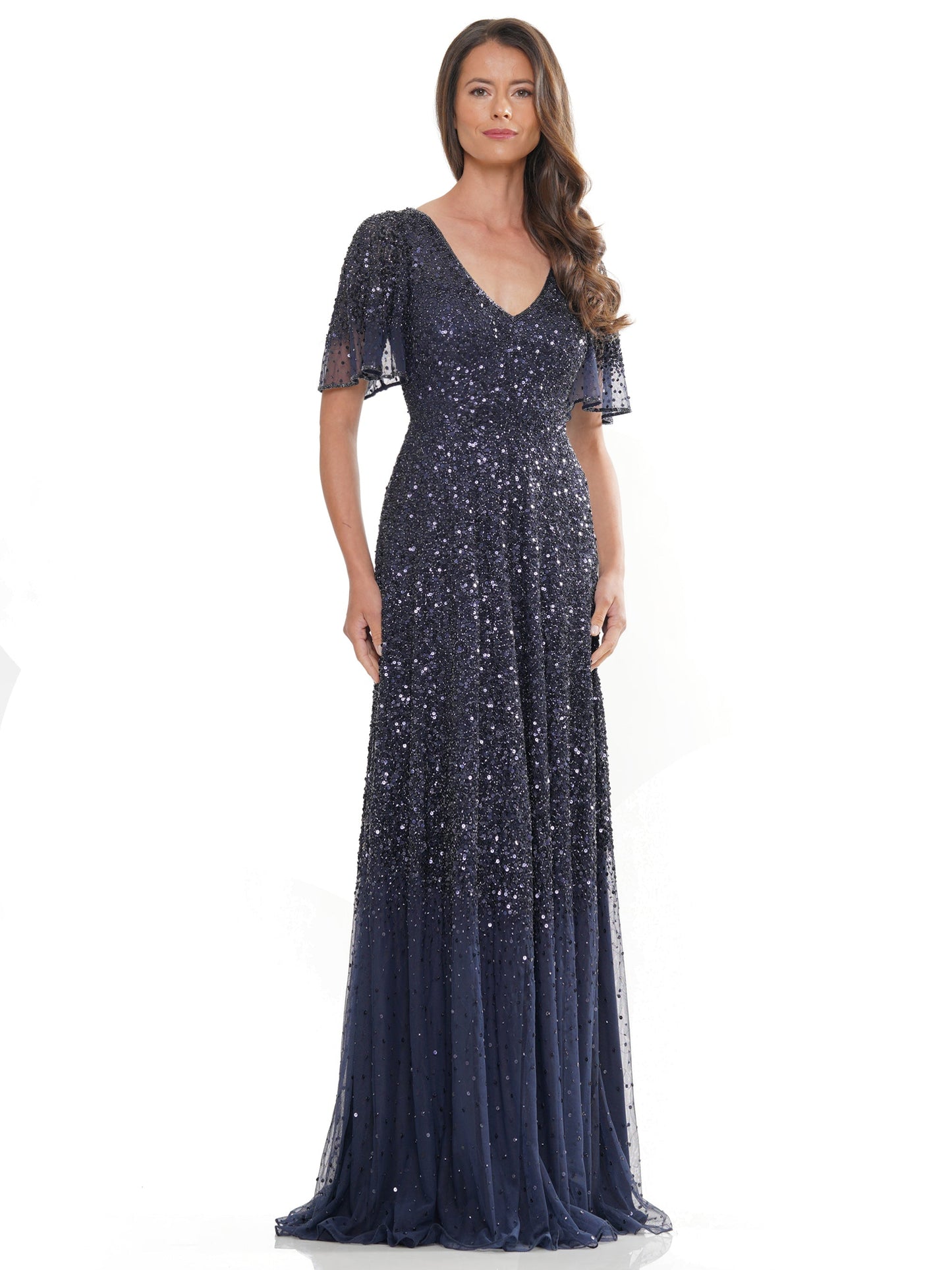 Long Beaded Formal Short Sleeve Dress by Marsoni MV1259