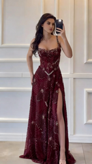 Modest A line Square Neck Dark Green Sequins Slit Long Prom Dresses Senior Graduation Dance Evening Outfits N036