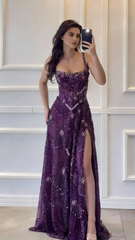 Modest A line Square Neck Dark Green Sequins Slit Long Prom Dresses Senior Graduation Dance Evening Outfits N036