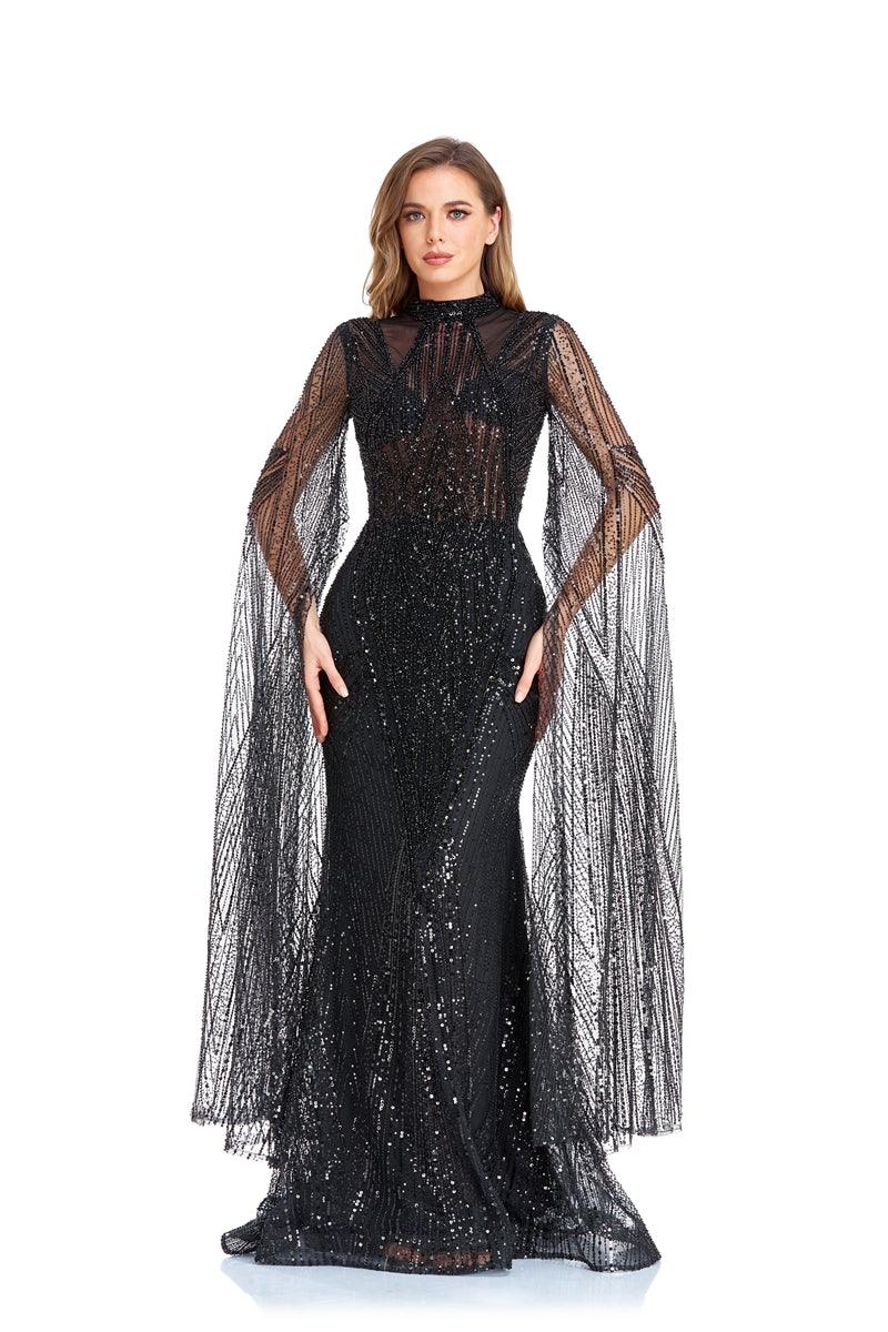 High Couture NR2260 Long Sleeve Formal Cape Dress