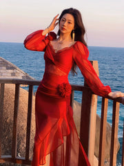 Modest Mermaid Sweetheart Red Satin Long Sleeves Prom Dresses Wedding Guest Dress 16th Birthday Outfits AB2447