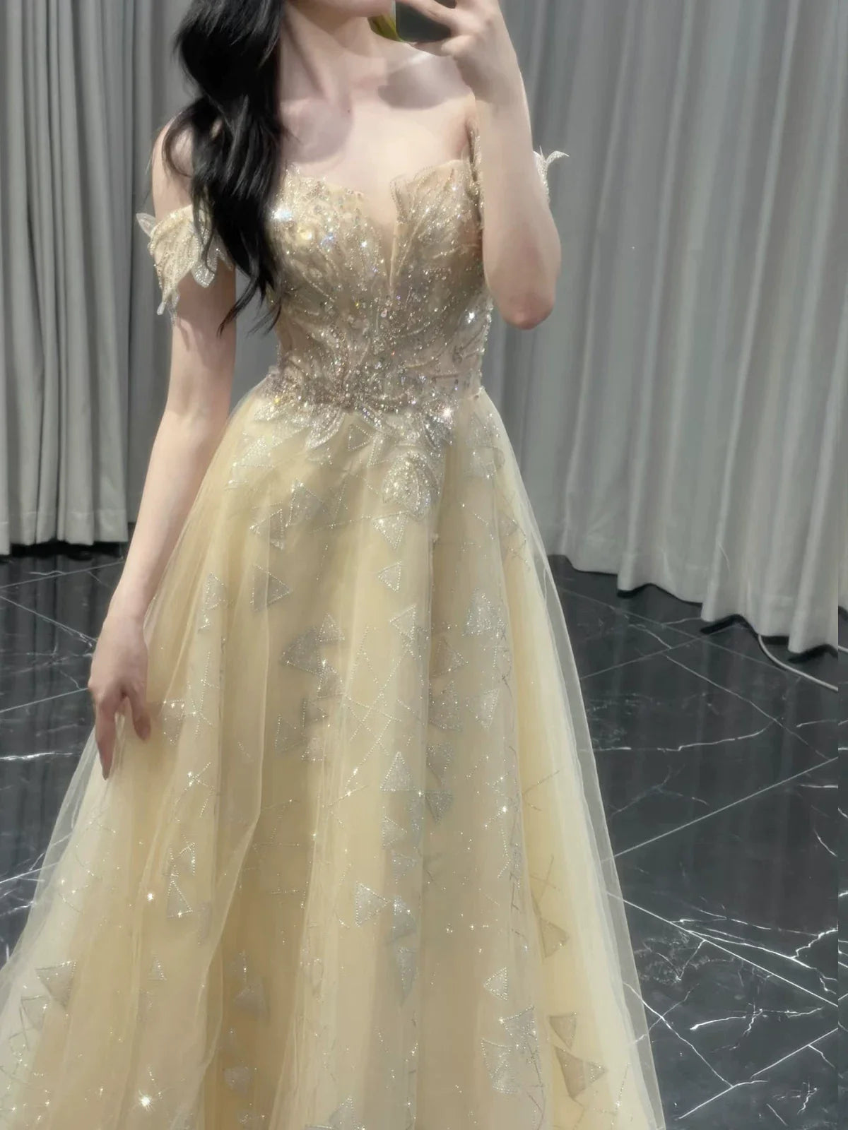 Classy A line Off The Shoulder With Cap Sleeves Sequins Long Formal Prom Dresses Dance Night Outfits Party Gowns AB2200